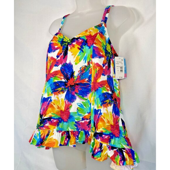 Swim Solutions Womens Hi-Low Floral Printed Beachwear Tankini Swim Top Size 8 - Picture 7 of 10
